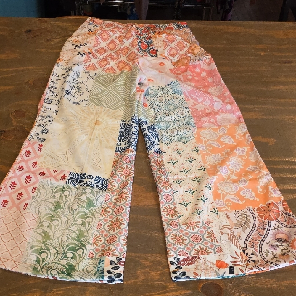 Patchwork Wide-Leg Pants in Coral, Peach & Cream - Picture 9 of 9